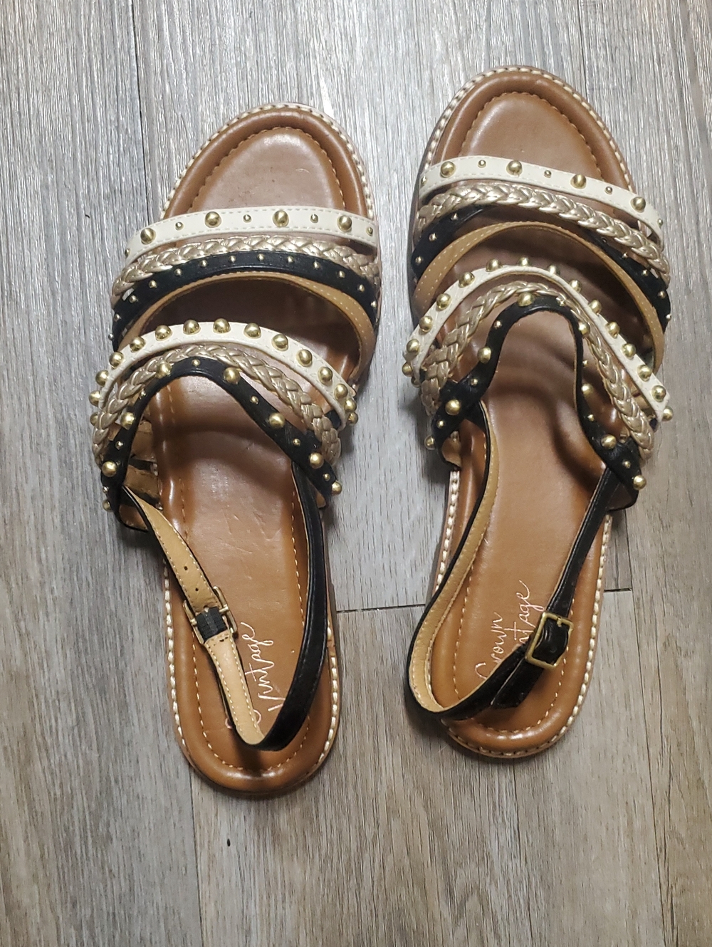 Crown Vintage Tan, Black & Cream Studded Braided Flat Sandals 8.5 M